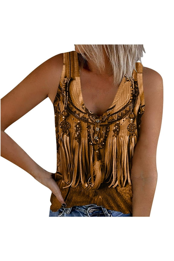 Womens Tops Women's Retro Ethnic Style Feather Tassels Printed Sleeveless Tank Tops