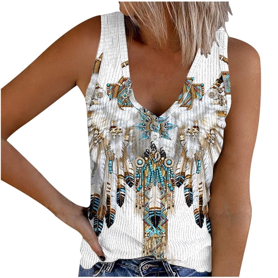 PVCS Womens Tops Women's Retro Ethnic Style Feather Tassels Printed Sleeveless Tank Tops