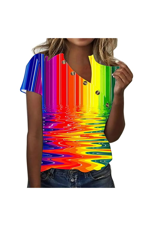 Womens Tops Women's Short Sleeved Printed V-neck Button Top T-Shirt