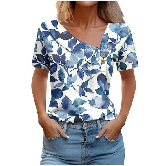PVCS Womens Tops Women's Short Sleeves V-Neck Fashion Casual Printed Button-Up Blouse T-Shirt Tops