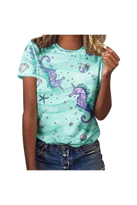 Womens Tops Women's Tops Women's Fashion Casual Loose Blouse Ocean Marine Organisms Printing V Neck Tshirt Blouse Print Tee