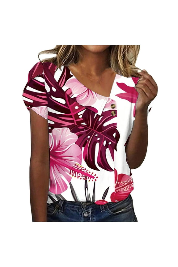 Womens Tops Women's V-Neck Fashion Casual Printed Button-Up Blouse T-Shirt Tops Blouse