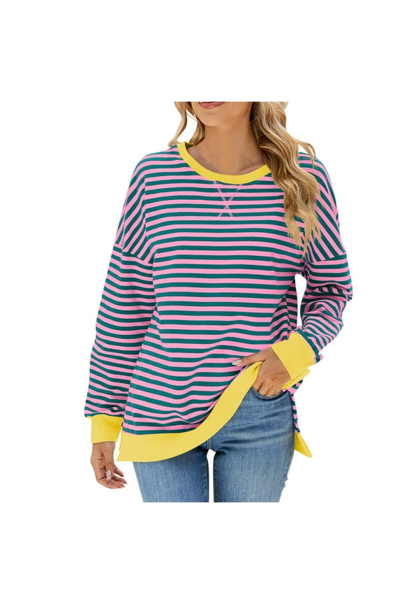 Womens Trendy Sweatshirts Casual Striped Tops Crewneck Oversized Sweatshirts 2024 Fall Clothes 2XL