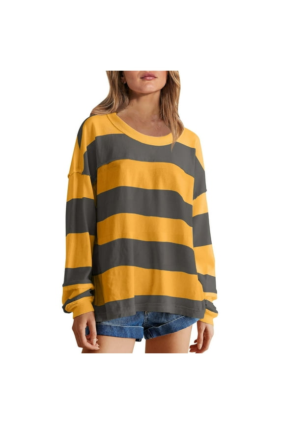 Womens Trendy Sweatshirts Y2K Teen Girls Loose Fit Sweatshirts Color Block Stripe Crew Neck Long Sleeve Top M