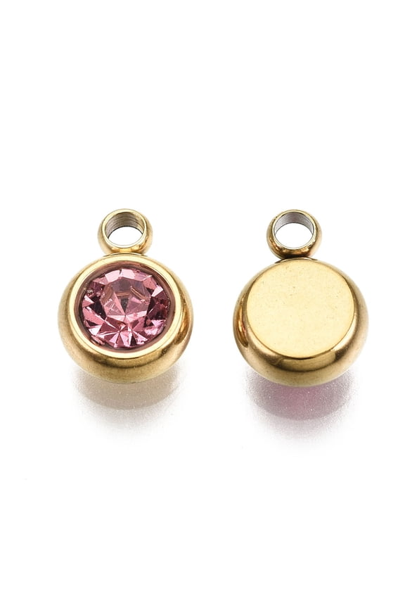 PVD Vacuum Plating 201 Stainless Steel Rhinestone Charms Birthstone Charms Flat Round Real 18K Gold Plated Rose 8.5x6x3mm Hole: 1.5mm for DIY