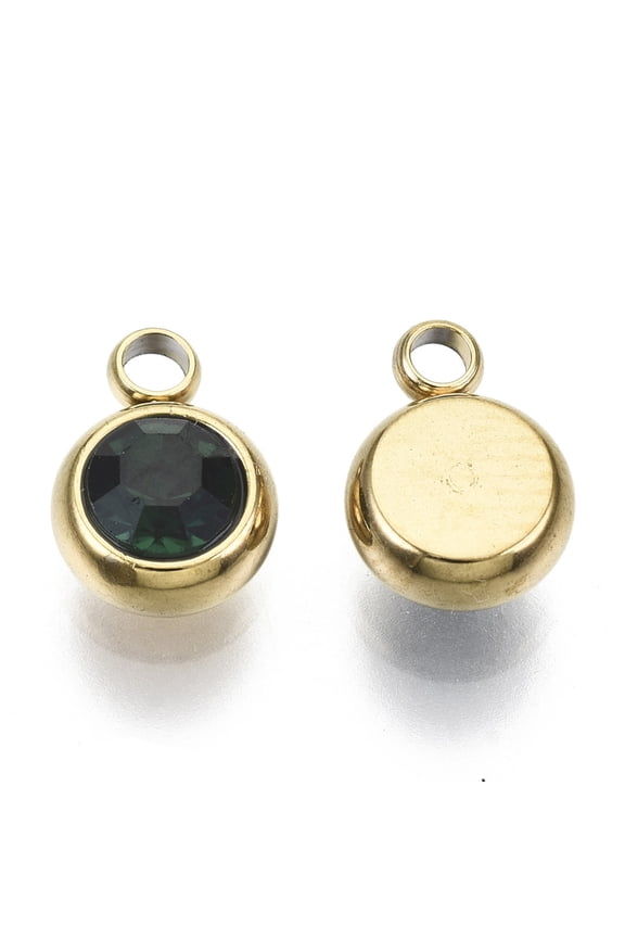 PVD Vacuum Plating 201 Stainless Steel Rhinestone Charms Birthstone Charms Flat Round Real 18K golden Plated Emerald 8.5x6x3mm Hole: 1.5mm