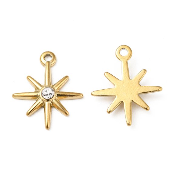 PVD Vacuum Plating 201 Stainless Steel with Rhinestone Pendants Star Charms Real 18K golden Plated 18.5x15.5x3mm Hole: 1.5mm