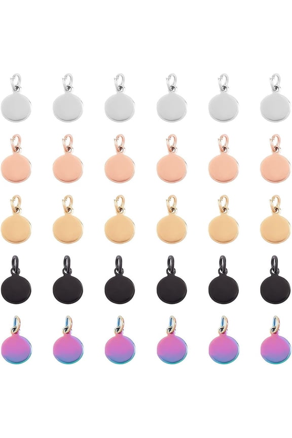 PVD Vacuum Plating 304 Stainless Steel Charms with Jump Rings Mirror Polished Finish Blank Stamping Tag Flat Round Mixed Color 10.5x8x0.8mm