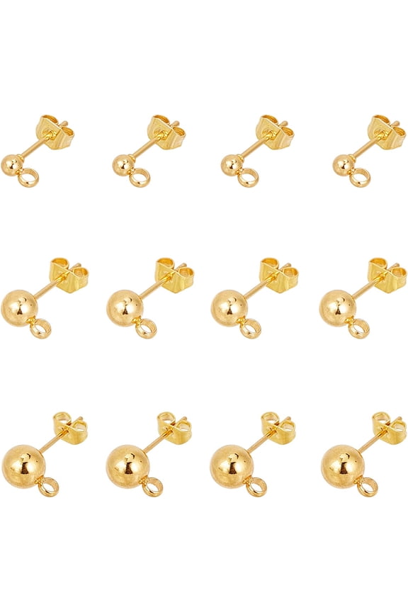 PVD Vacuum Plating 304 Stainless Steel Ear Stud Components with Loop Ball with Iron Ear Nuts Earring Backs Golden 6.8x5.2x1.1cm 60pcs/box