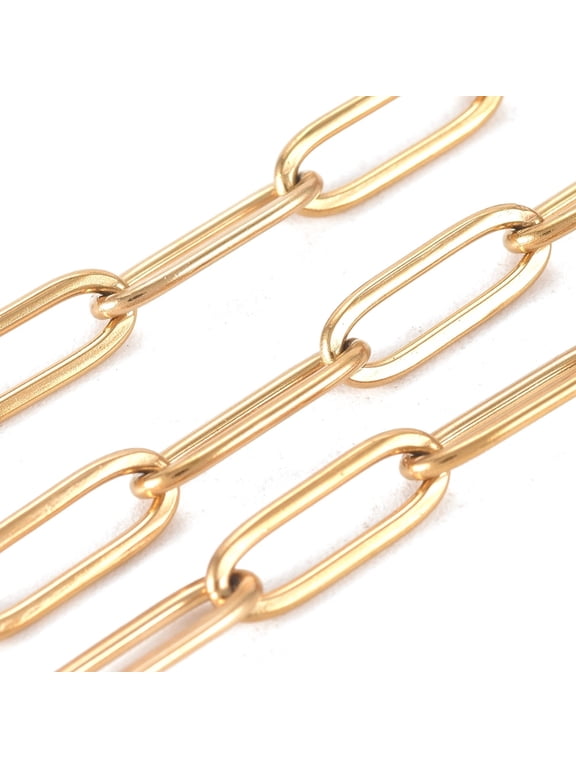 PVD Vacuum Plating 304 Stainless Steel Paperclip Chains Drawn Elongated Cable Chains Soldered with Spool Real 18K Gold Plated Links: 12x4x1mm about 32.8 Feet(10m)/roll