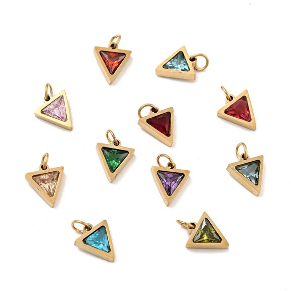 PVD Vacuum Plating 304 Stainless Steel Pendants with Cubic Zirconia and Jump Rings Single Stone Charms Triangle Golden Mixed Color 11x9.5x3mm Hole: 3.6mm