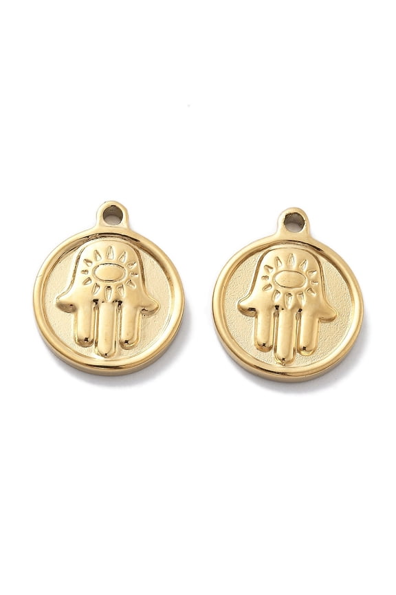 PVD Vacuum Plating 304 Stainless Steel Pendants Flat Round with Hamsa Hand Charm Real 18K Gold Plated 18x15x2.5mm Hole: 1.6mm
