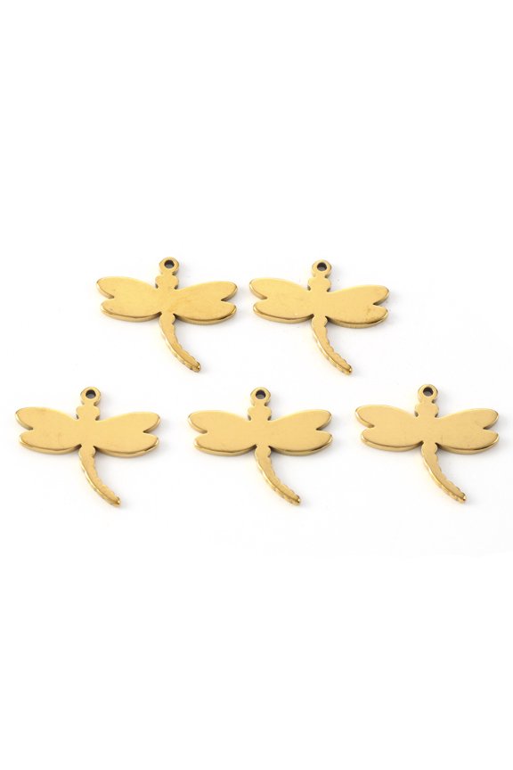 PVD Vacuum Plating 304 Stainless Steel Pendants Laser Cut Dragonfly Real 18K golden Plated 16x17x1mm Hole: 1.2mm