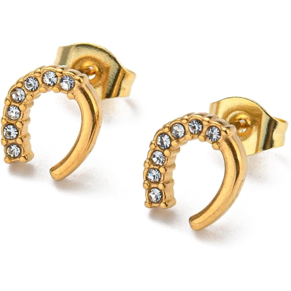 PVD Vacuum Plating 304 Stainless Steel Stud Earrings with Rhinestone for Women Horseshoe Golden 9x8mm 1pair