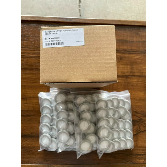 PVDF Syringe Filter, Hydrophilic, 33mm/0.22um, 100/PK. HPLC, AS073320