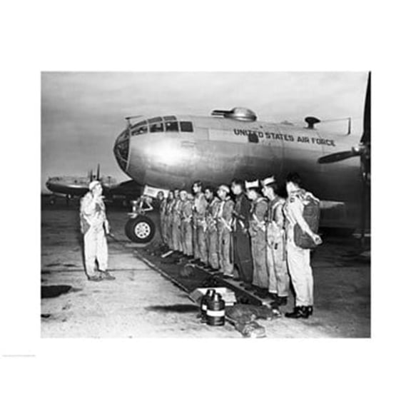 PVT-Superstock  Group of army soldiers standing in a row near a fighter plane  B-29 Superfortress -24 x 18 Poster Print