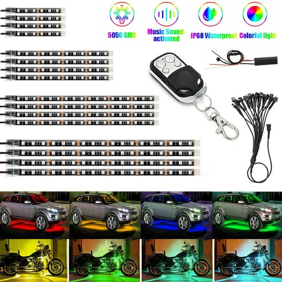 PVUEL 12pcs RGB Car LED Strip Lights, Multi-Color Neon Lights IP68 Waterproof with 4 Key Remote