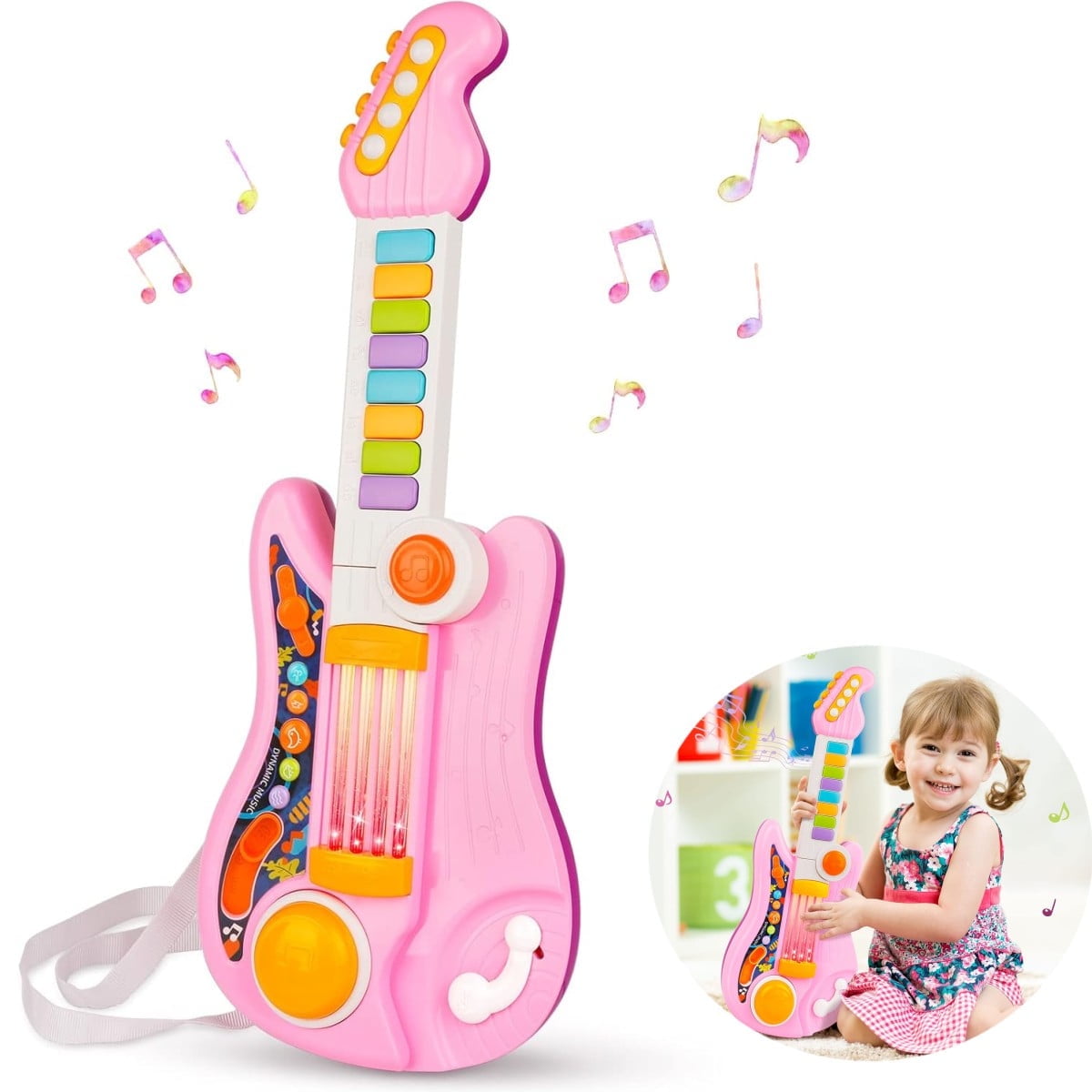 PVUEL 19in Kids Flash Guitar, Pretend Play Musical Instrument Toy Gift for Toddlers Boys and Girls w/ Mic, Adjustable Stand - Pink