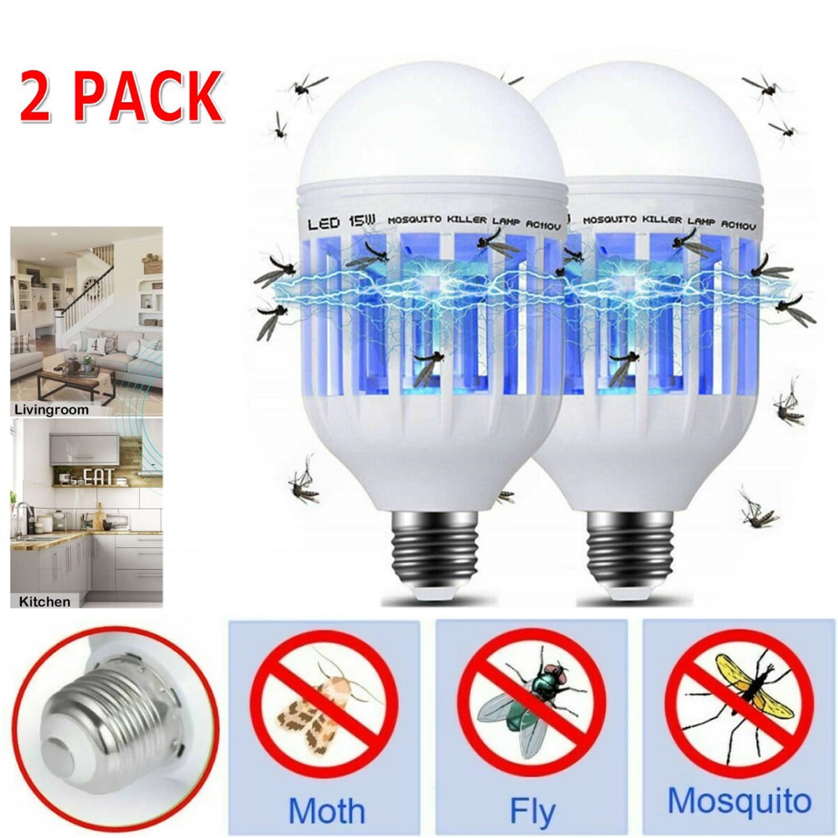 PVUEL 2Pack 15 W LED Light Zapper Lightbulb Bug Mosquito Fly Insect Killer Bulb Home Lamp