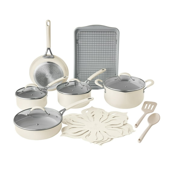 The Pioneer Woman Sutton 17-Piece Ceramic Cookware Set with Strainer Lids and Cookie Sheet with Rack, Cream