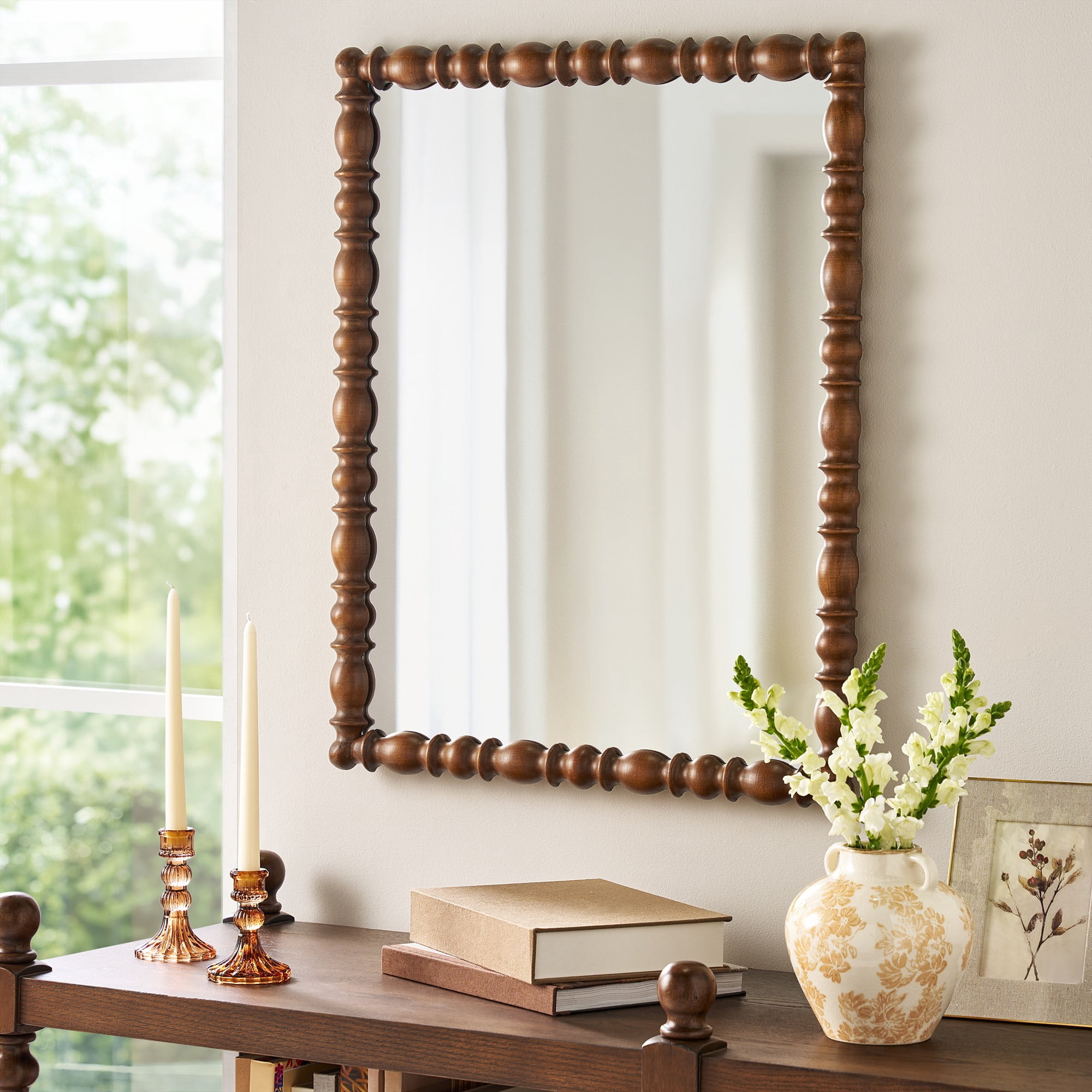 The Pioneer Woman Harper Spindle Wood Decorative Wall Mirror, Beaded Turned Wood Mirror, Rustic Brown 24x30