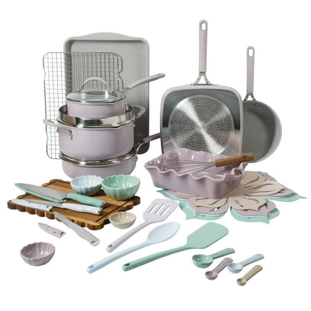 The Pioneer Woman Sutton 34-Piece Ceramic Nonstick Cookware and Bakeware Set, Iris
