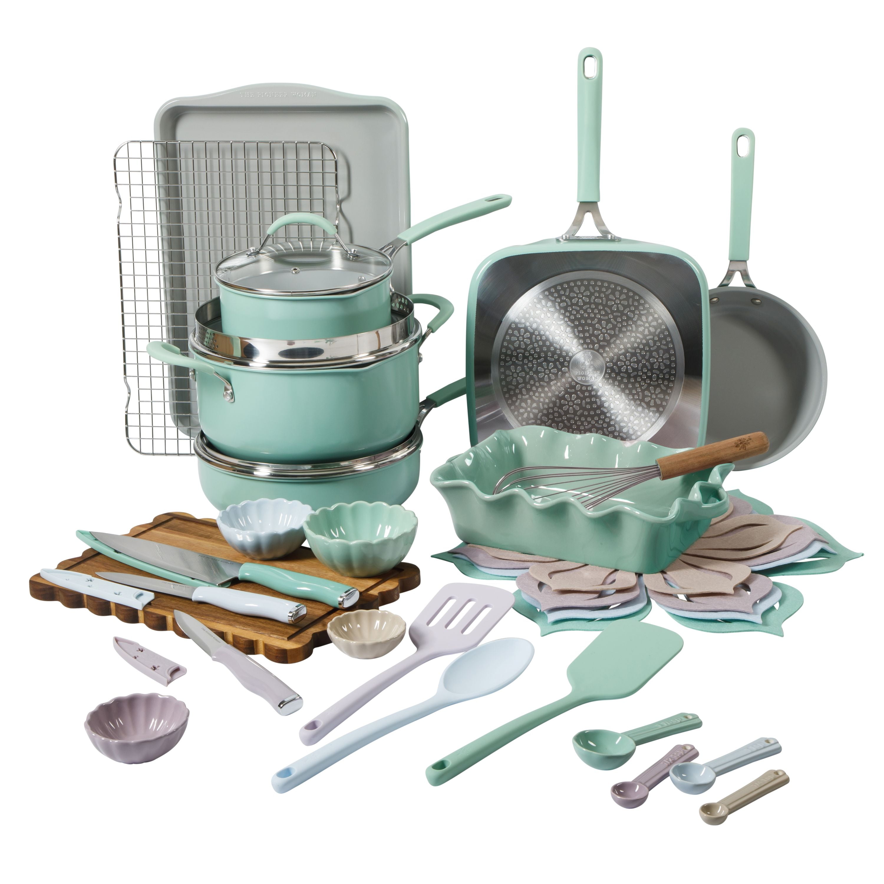 Walmart sales :  The Pioneer Woman Ceramic Nonstick Cookware and Bakeware Set, Sutton 34-Piece, Green