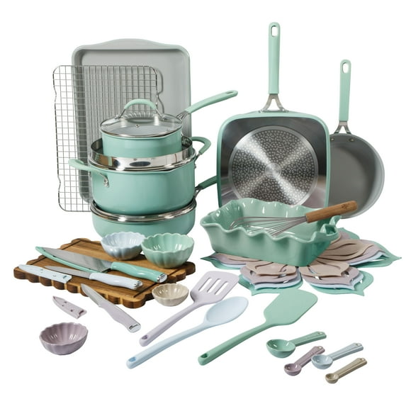 The Pioneer Woman Ceramic Nonstick Cookware and Bakeware Set, Sutton 34-Piece, Green