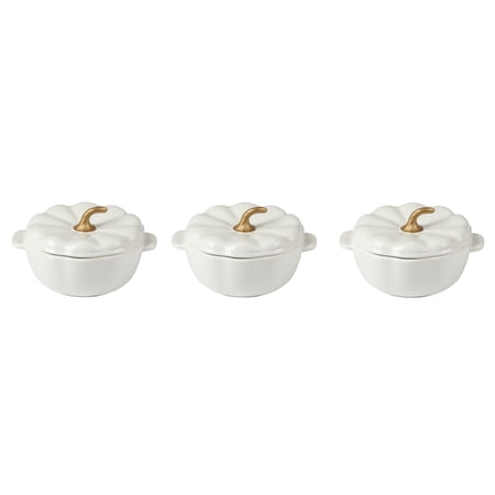 The Pioneer Woman Ceramic Pumpkin Mini Dutch Oven Pot Cocottes with Lids Set of 3s, Linen