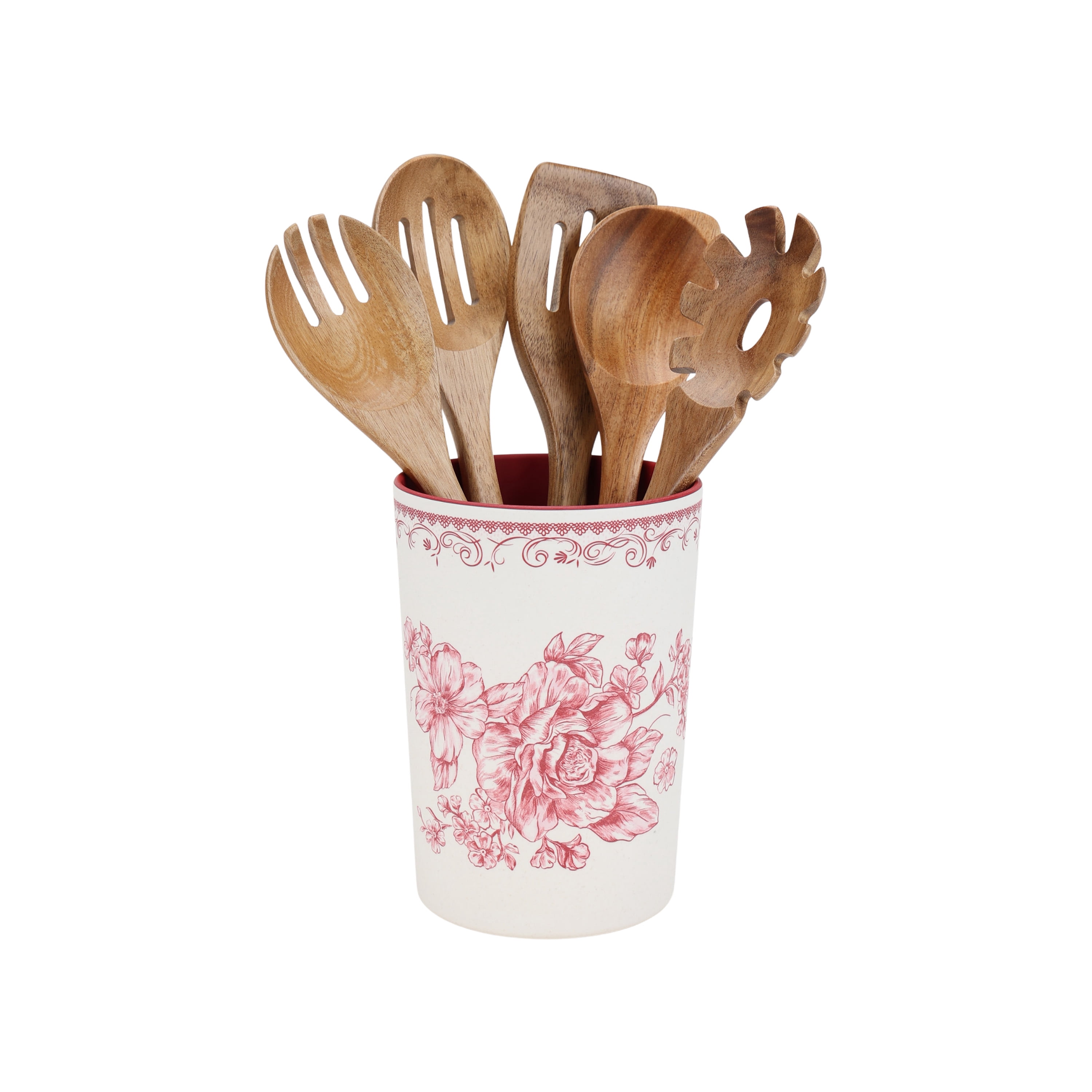 The Pioneer Woman Agetha 6-Piece Acacia Wood & Bamboo Melamine Crock Set, Red