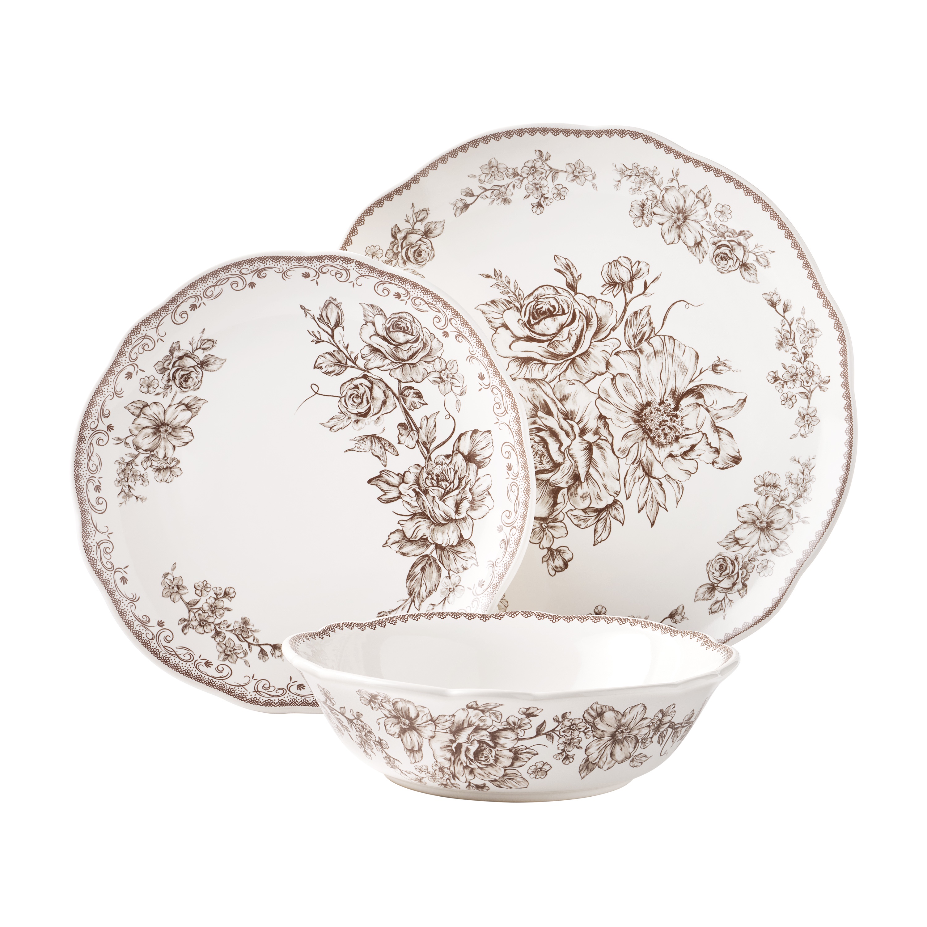 The Pioneer Woman Agatha 12-Piece Stoneware Dinnerware Set, Brown