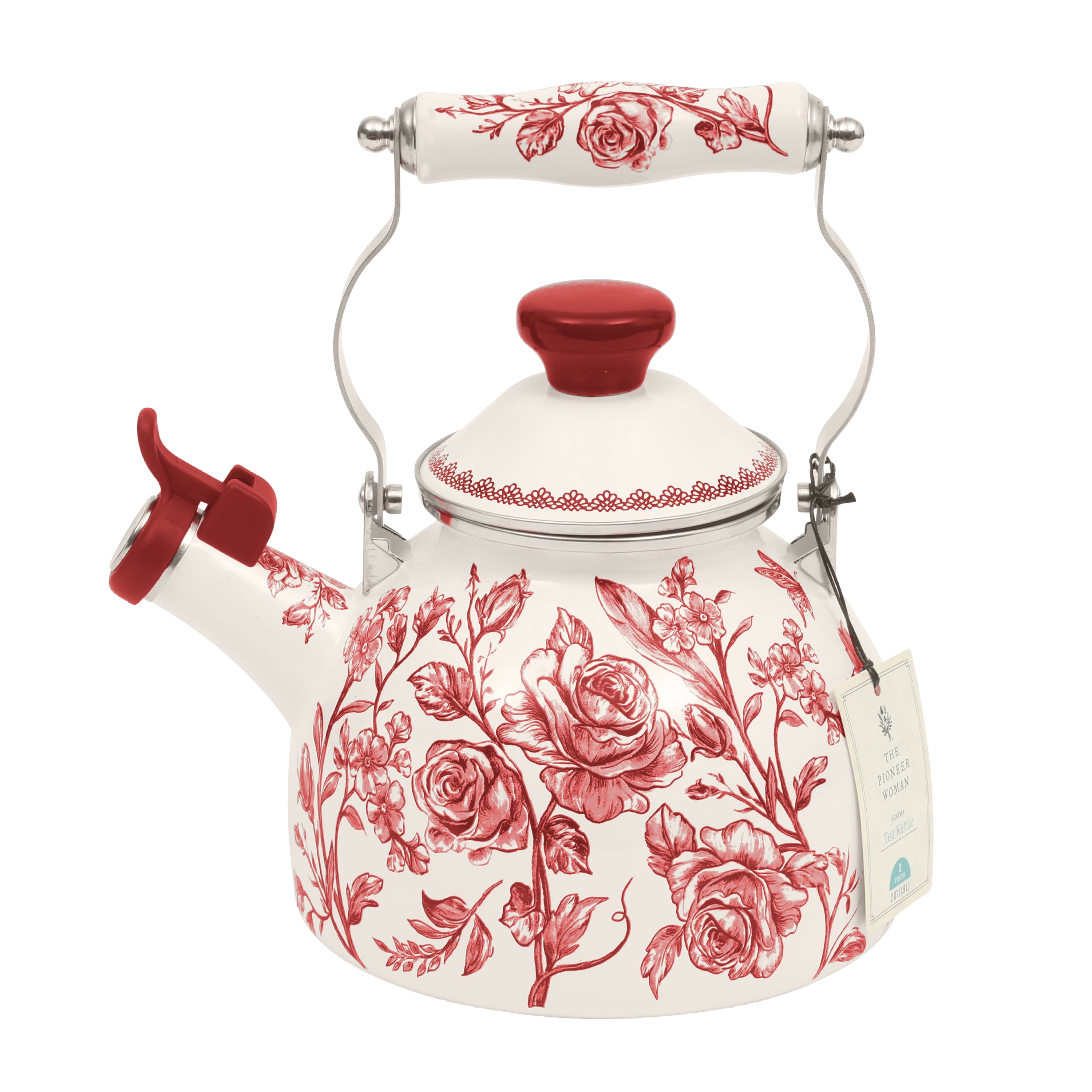 The Pioneer Woman Agatha 2.0-Quart Enamel on Steel Tea Kettle with Lid, Red