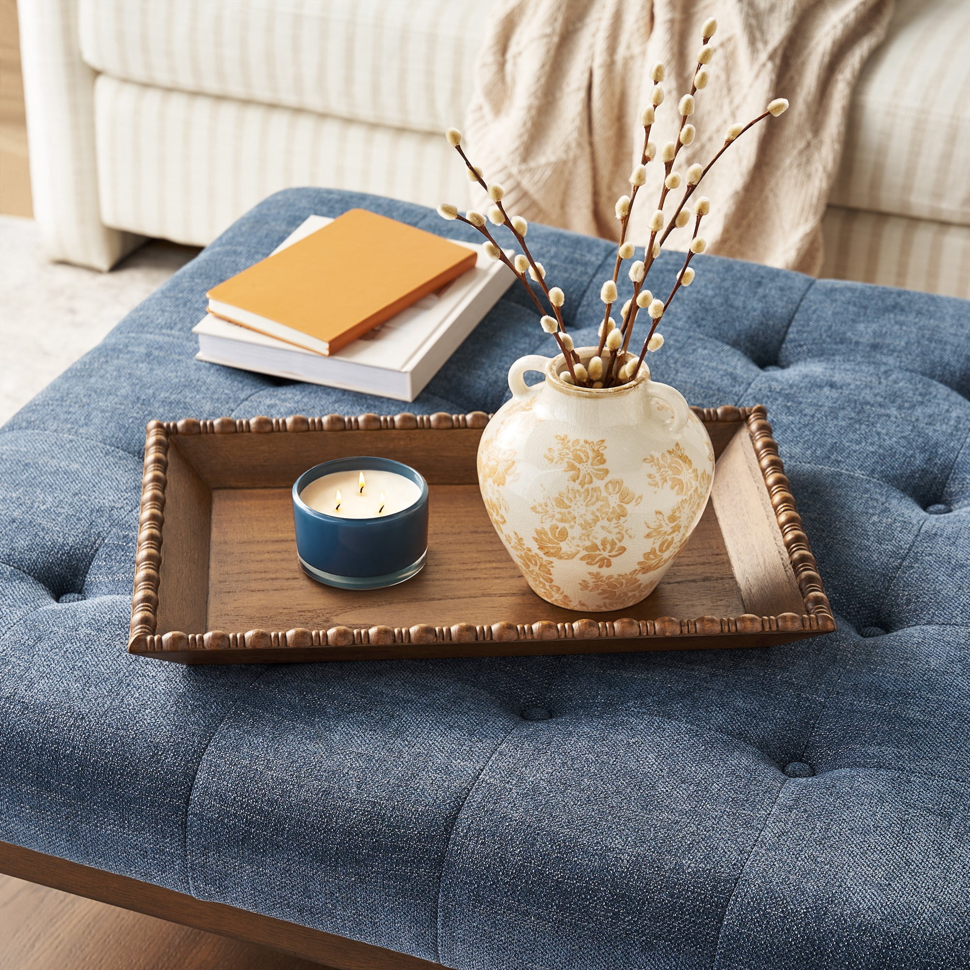 The Pioneer Woman Harper Rustic Brown Decorative Tray with Beaded Rim, 18.7 x 12.4 inches