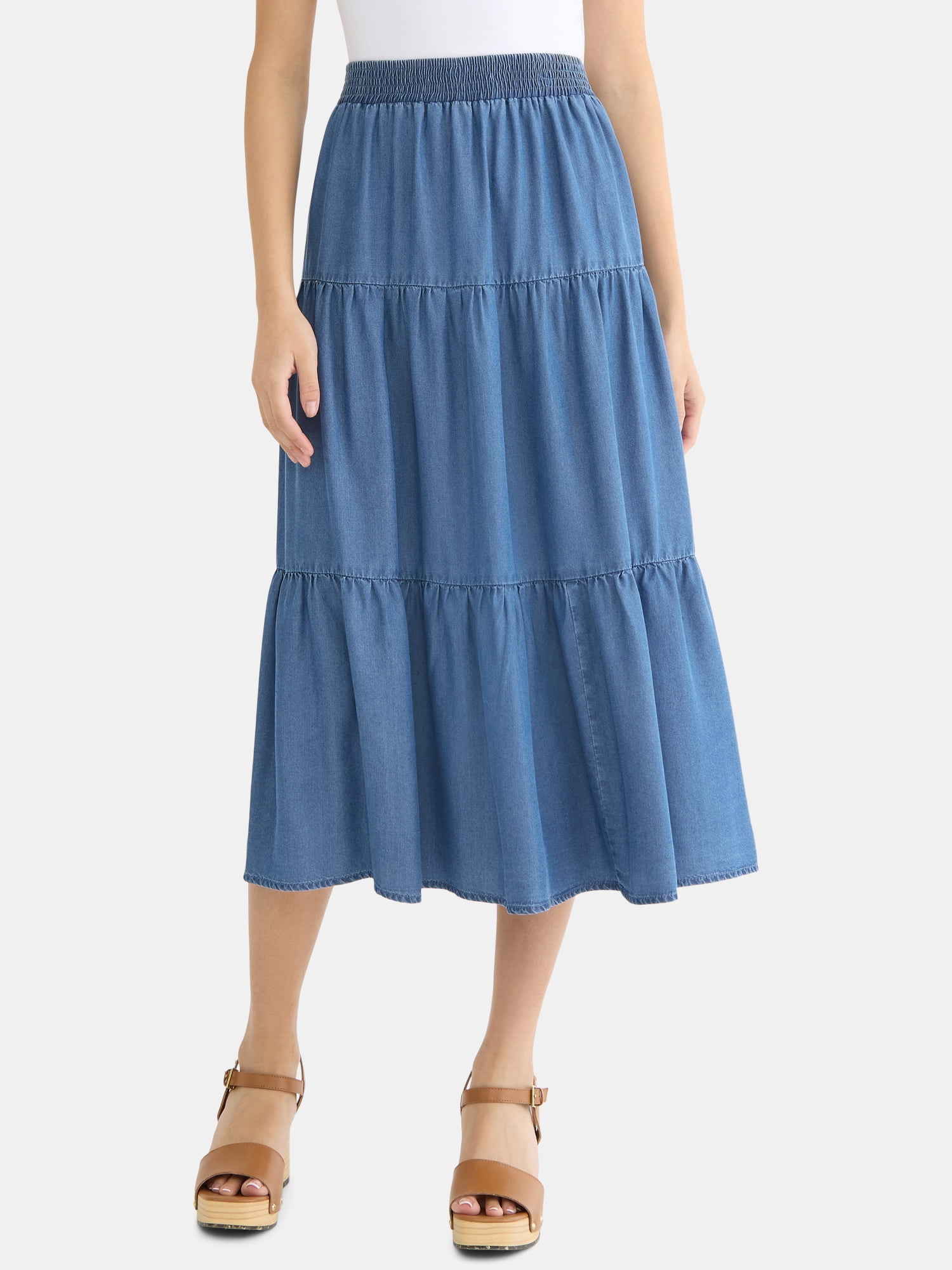 The Pioneer Woman Tiered Denim Midi Skirt, Women's - Walmart.com The Pioneer Woman Tiered Denim Midi Skirt, Women's - Walmart.com