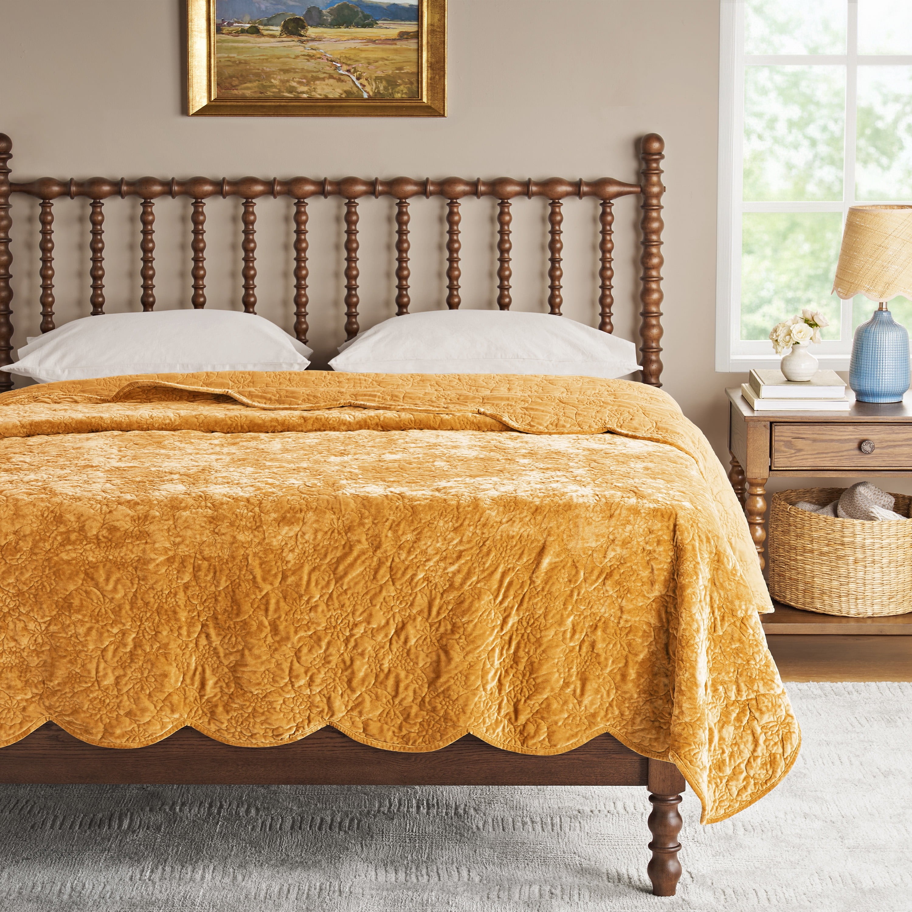 The Pioneer Woman Eloise Floral Velvet Quilt, King, Amber Yellow Bedding