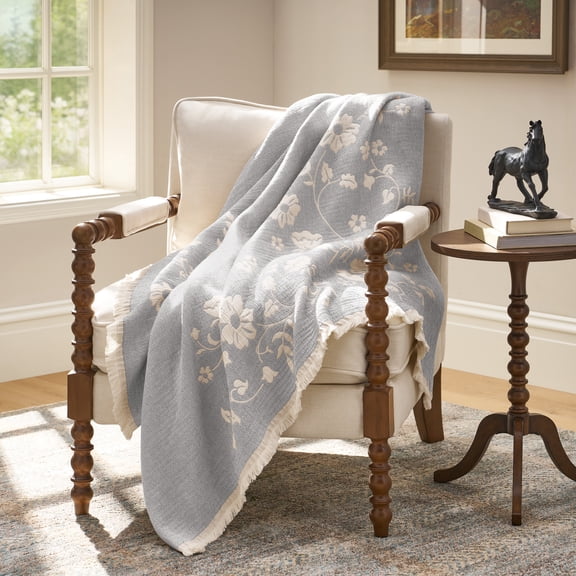 The Pioneer Woman Floral Gauze Oversized Throw Blanket with Fringe Blue 50” x 72”