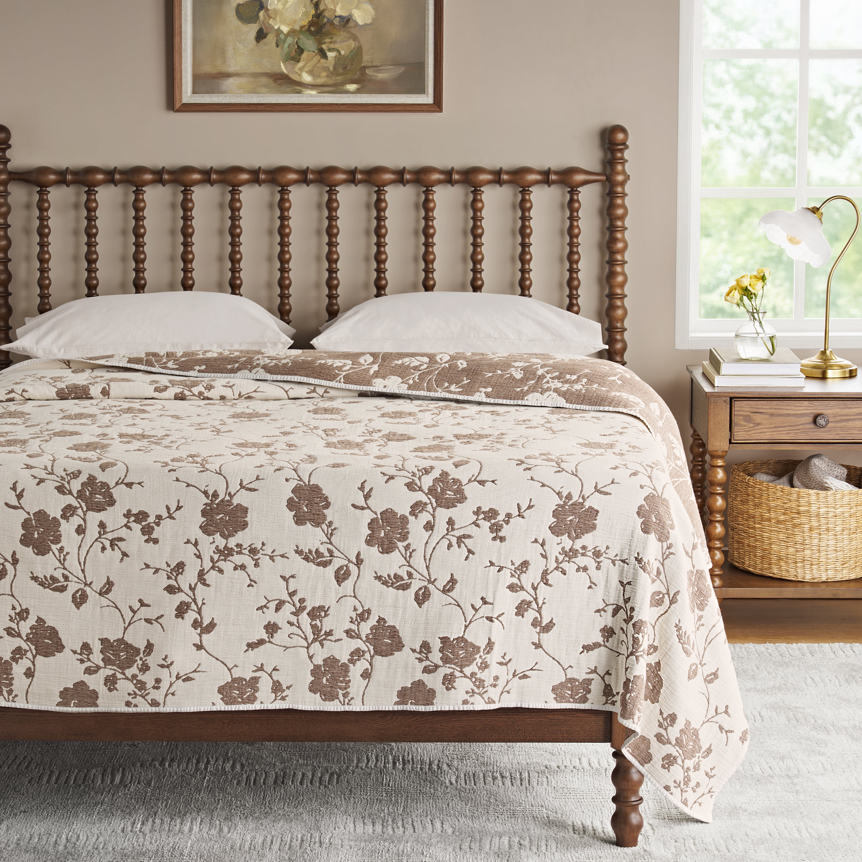 The Pioneer Woman Agatha Floral Gauze Quilt, King, Tibet Brown, Reversible Bedding