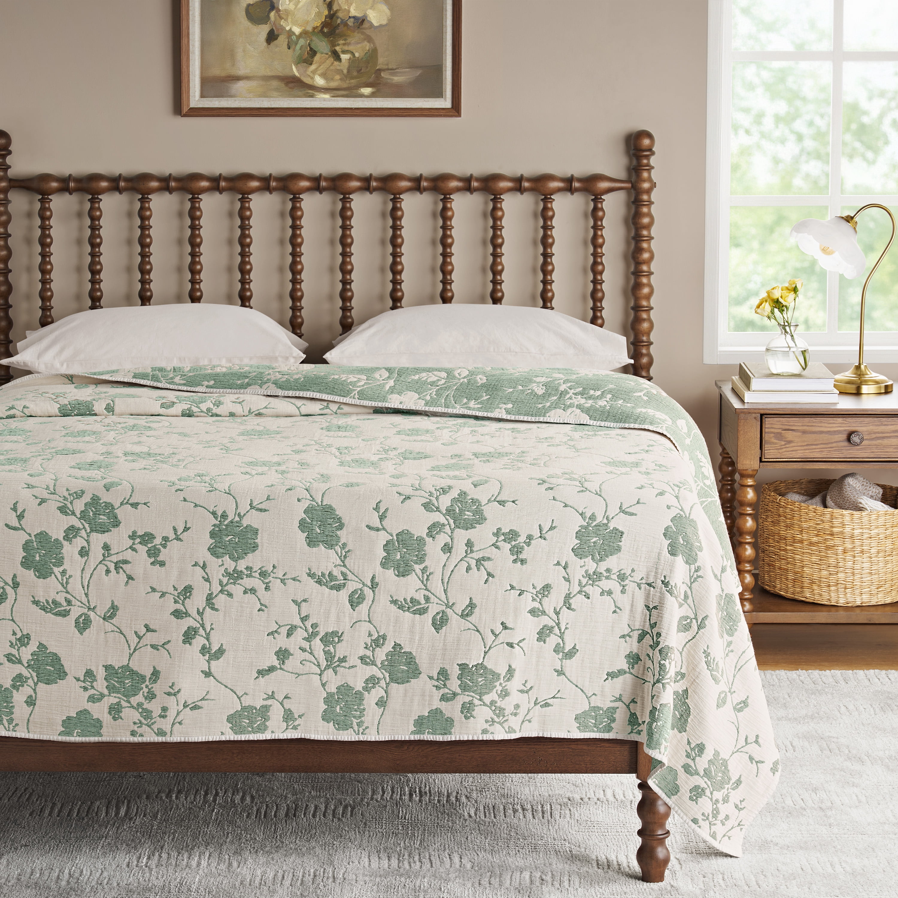 The Pioneer Woman Agatha Floral Gauze Quilt, King, Green River, Reversible Bedding