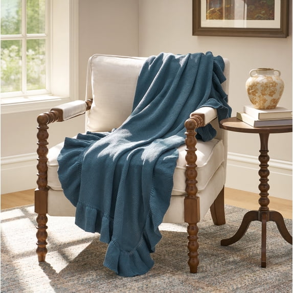 The Pioneer Woman Ruffle Knit Oversized Couch Throw Blanket, Blue, 50 x 72 in