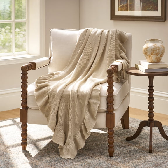The Pioneer Woman Ruffle Knit Oversized Throw Blanket, Beige, 50 x 72 in