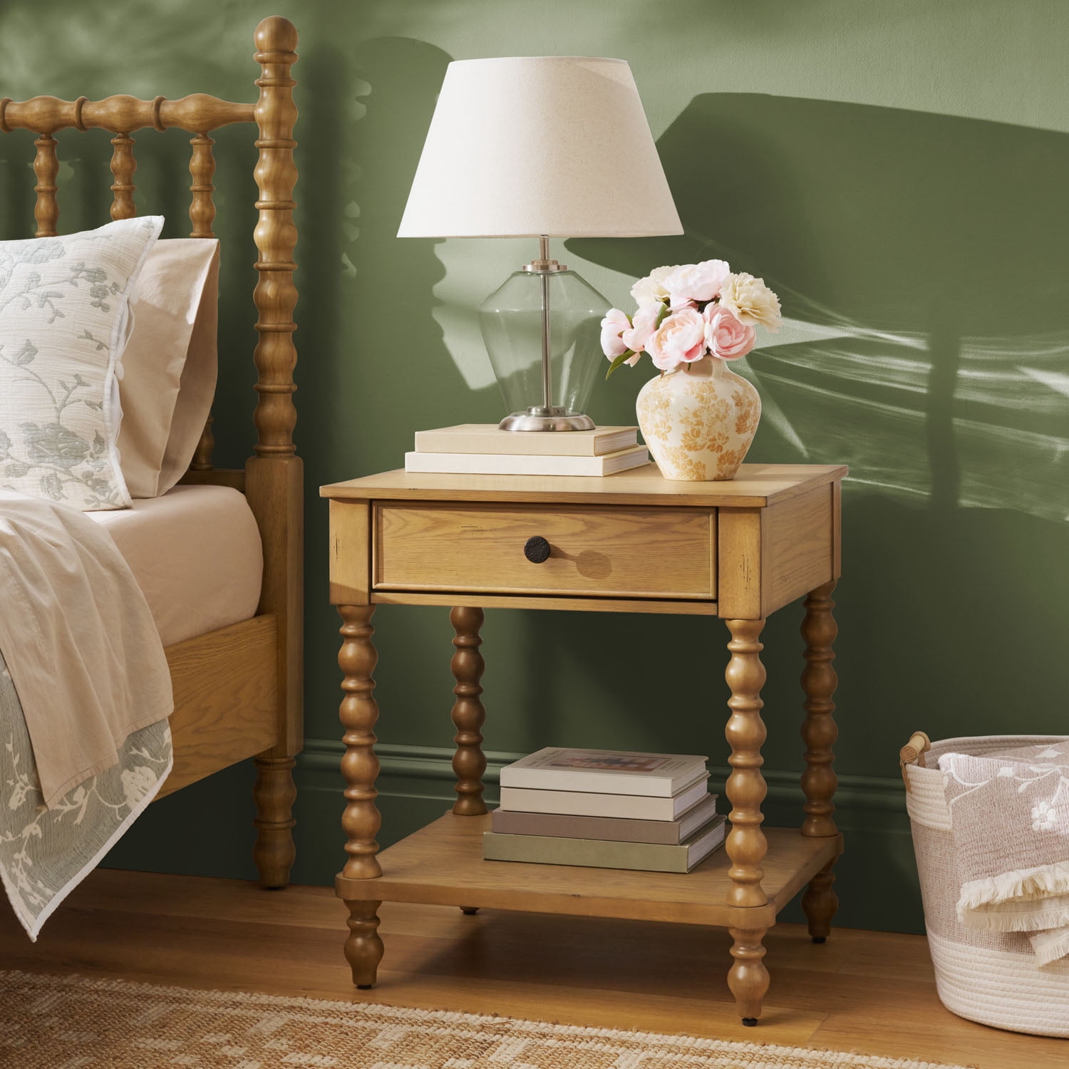 The Pioneer Woman Harper Spindle Nightstand with USB Charging Ports, Adults and Teens, Wheat Finish