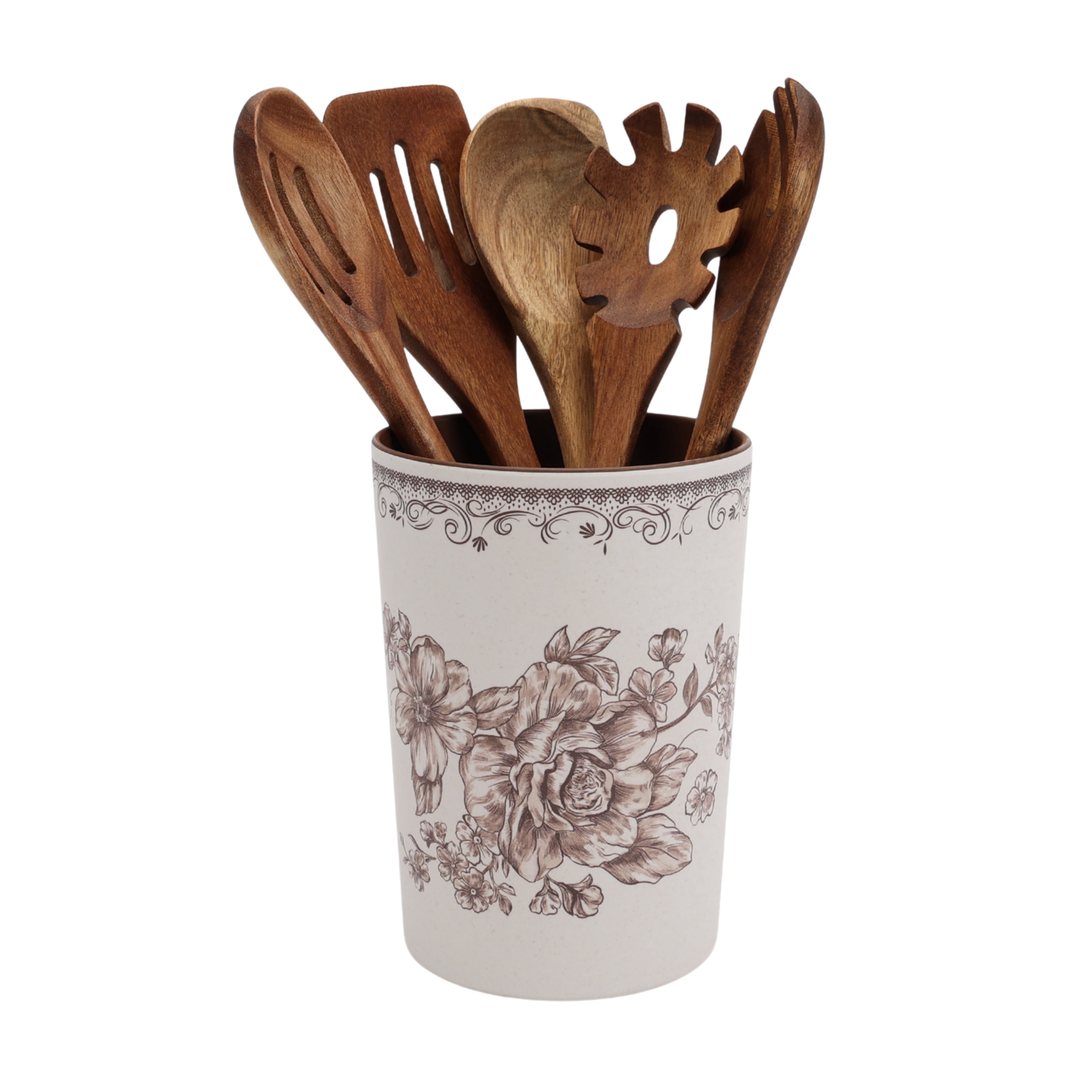 The Pioneer Woman Agetha 6-Piece Acacia Wood & Bamboo Melamine Crock Set, Brown