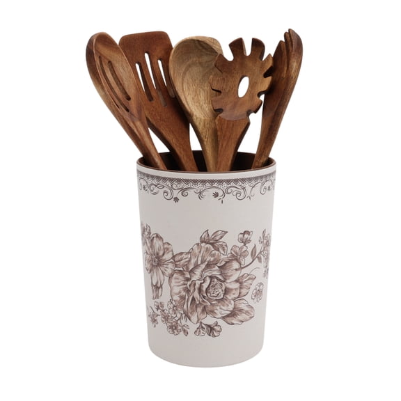 The Pioneer Woman Agetha 6-Piece Acacia Wood & Bamboo Melamine Crock Set, Brown