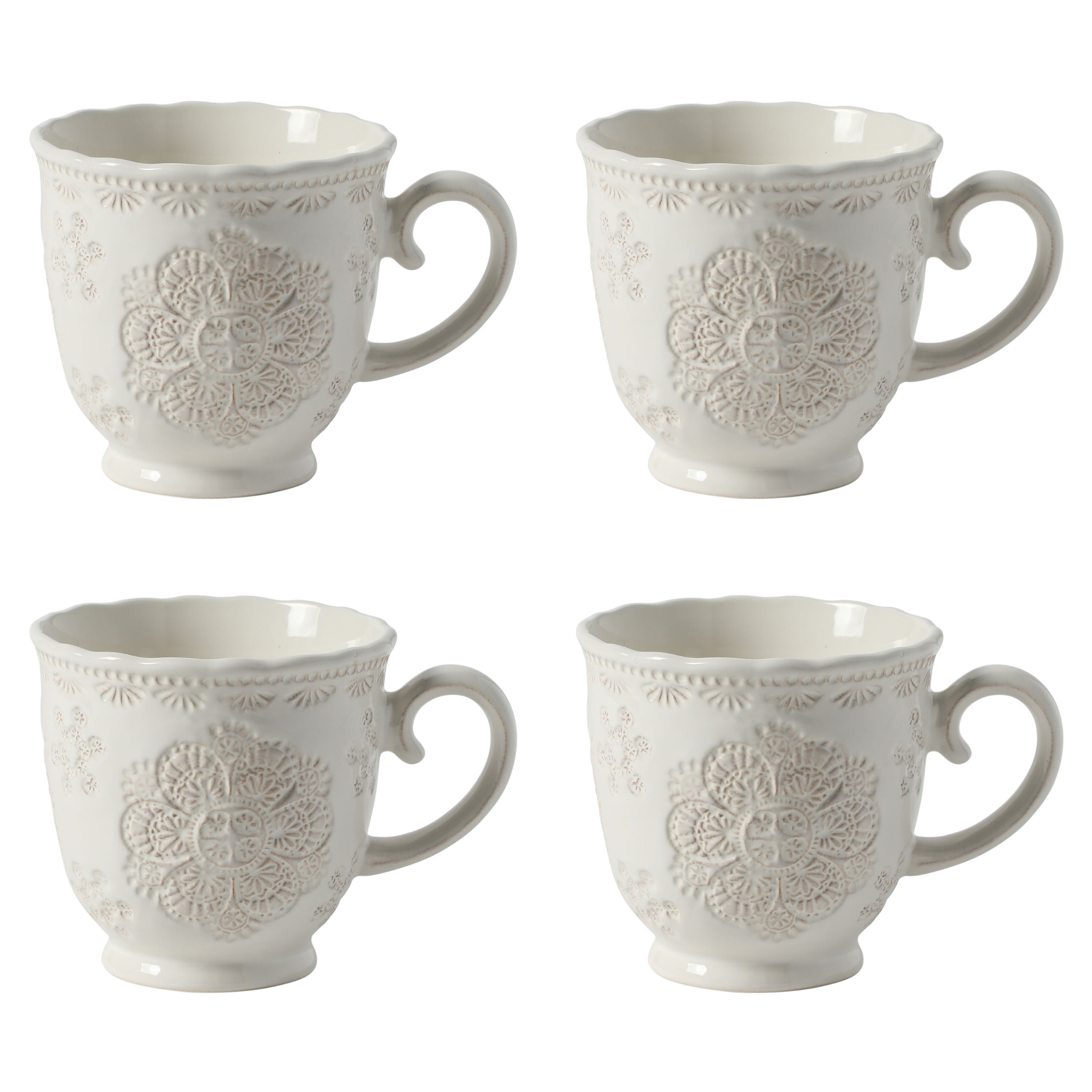 The Pioneer Woman Vintage Lace Stoneware Mugs White 4-Pack