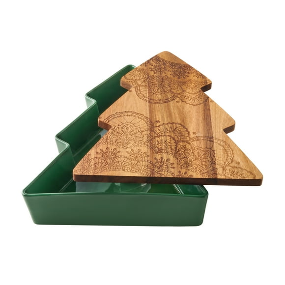 The Pioneer Woman 15-Inch Tree-Shaped Stoneware Baker with Wood Lid, Green