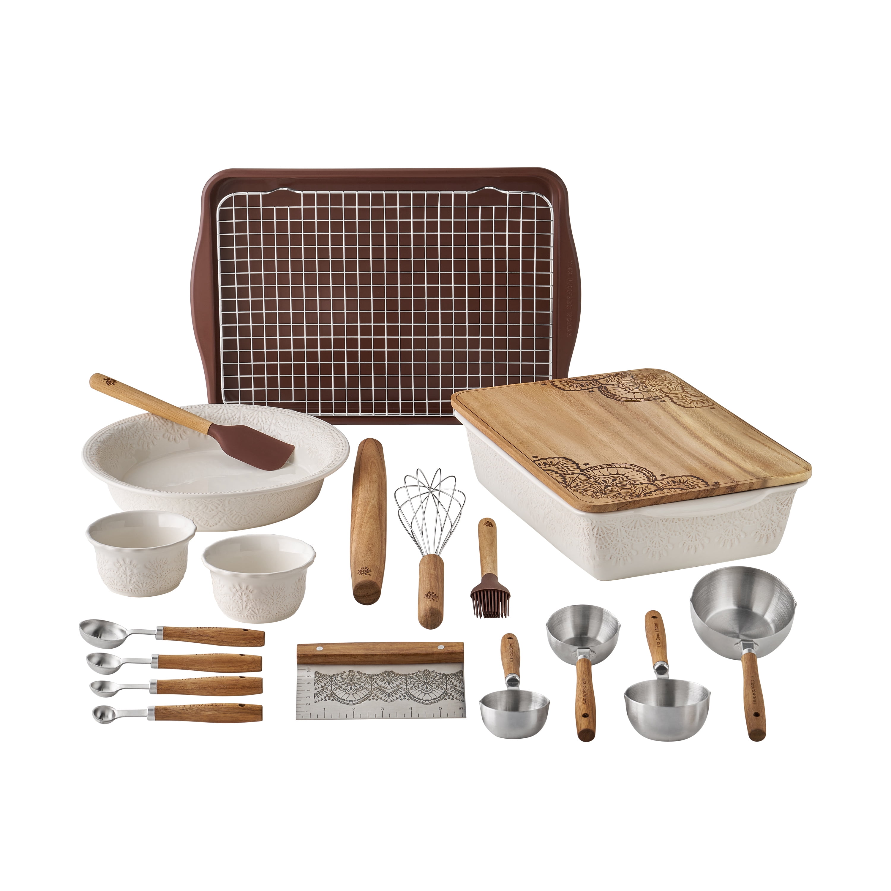 The Pioneer Woman Vintage Lace 20-Piece Ceramic Bakeware Set with Acacia Wood - Walmart.com