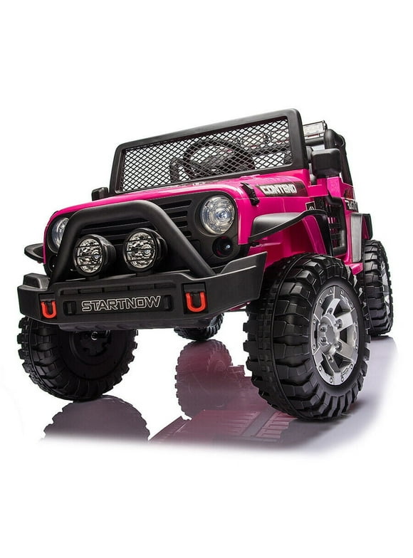 PWFE 12 Volt Kids Electric Car Kids Ride On Car with Remote Control, 2 Seats Kids Jeep with LED Lights, Wheels Suspension, Music, Horn, 110lbs Load(Pink)