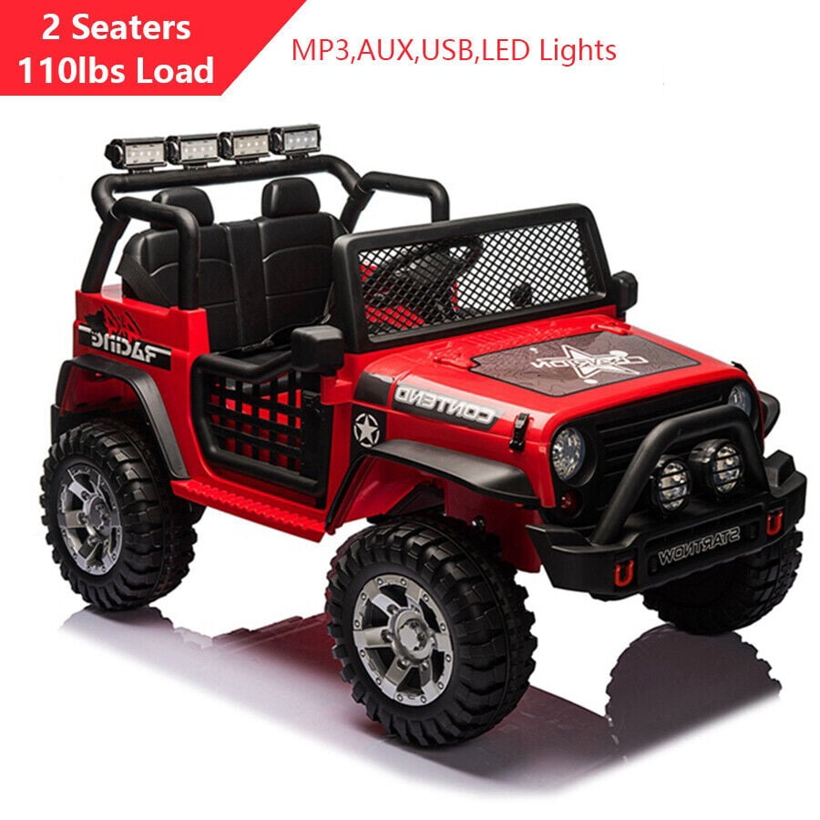 PWFE 12 Volt Kids Electric Car Kids Ride On Car with Remote Control,  2 Seats Kids Truck with LED Lights, Wheels Suspension, Music, Horn, 110lbs Load(Red)