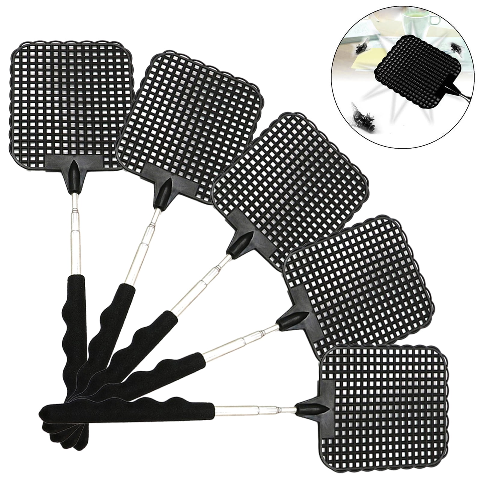 PWFE Pack of 5 29in Black Telescoping Long Fly Swatters, Heavy Duty