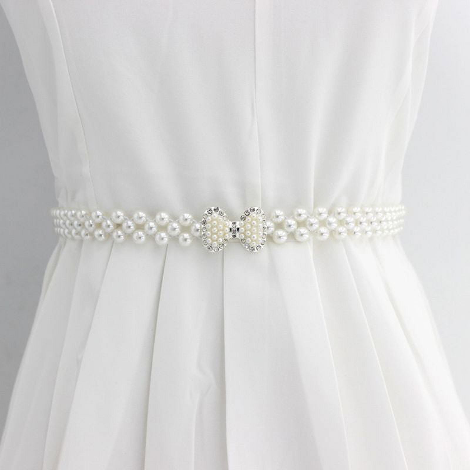 CRASPIRE Pearl Waist Belts for Women 2pcs Elastic Pearl Belts Wedding Sash Belt White Fashion Flower Buckle with Rhinestone